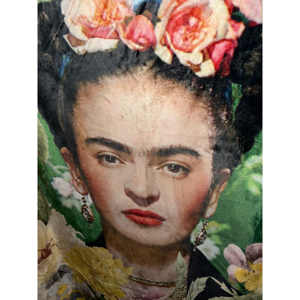 Frida Kahlo Portrait Floral Fleece Throw Blanket Sherpa Back 50x60 Green Pink - Picture 2 of 5